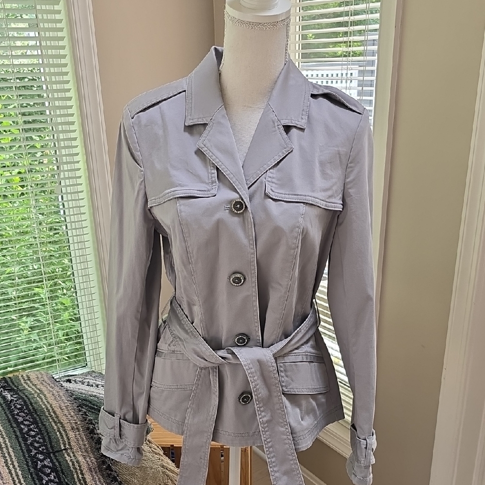 White House Black Market Gray Trench Jacket With Sparkly Buttons